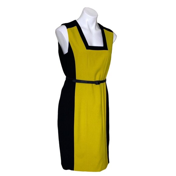 Calvin Klein Belted Colorblock Sheath Dress, Chartreuse/Black Women's Size 10 - Picture 3 of 8